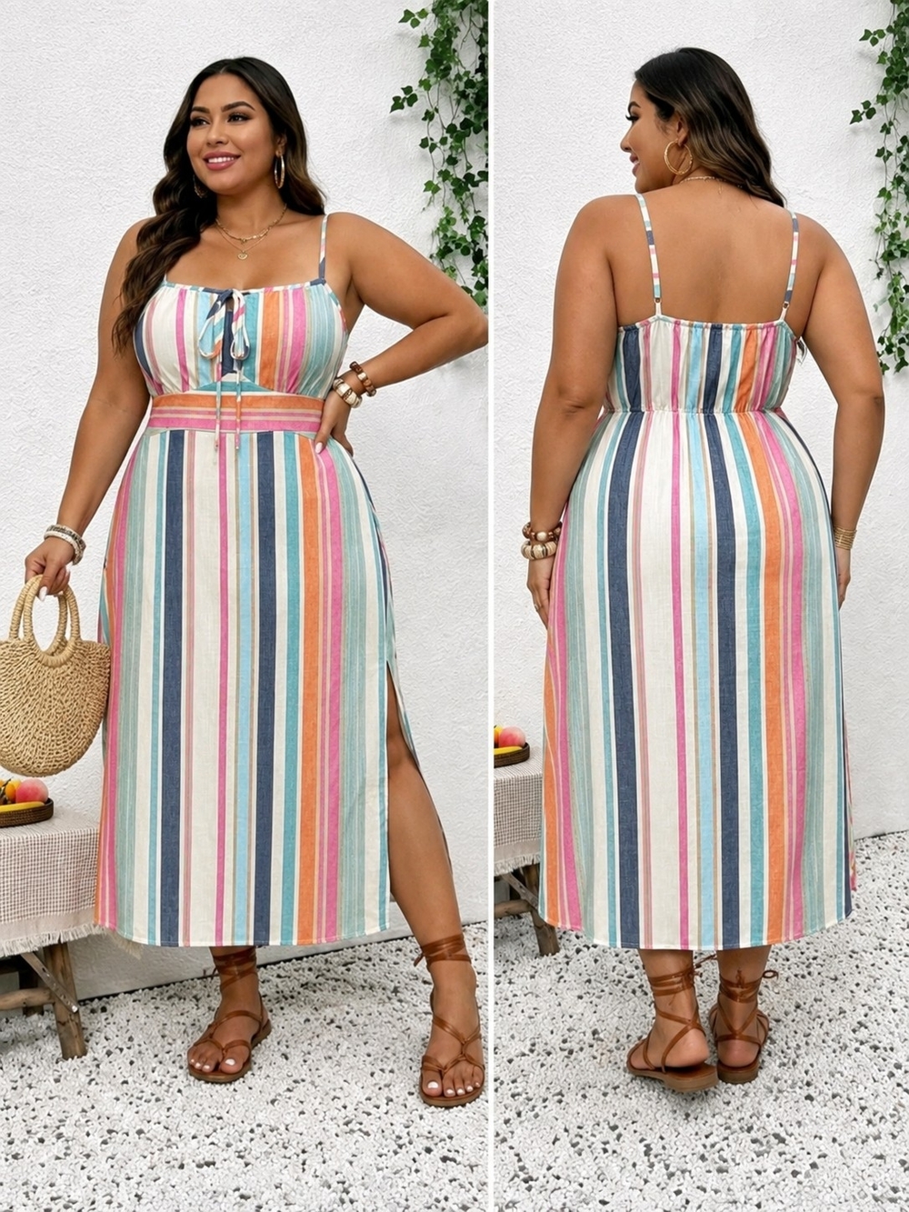 Striped Spaghetti Strap Midi Dress in Multi
